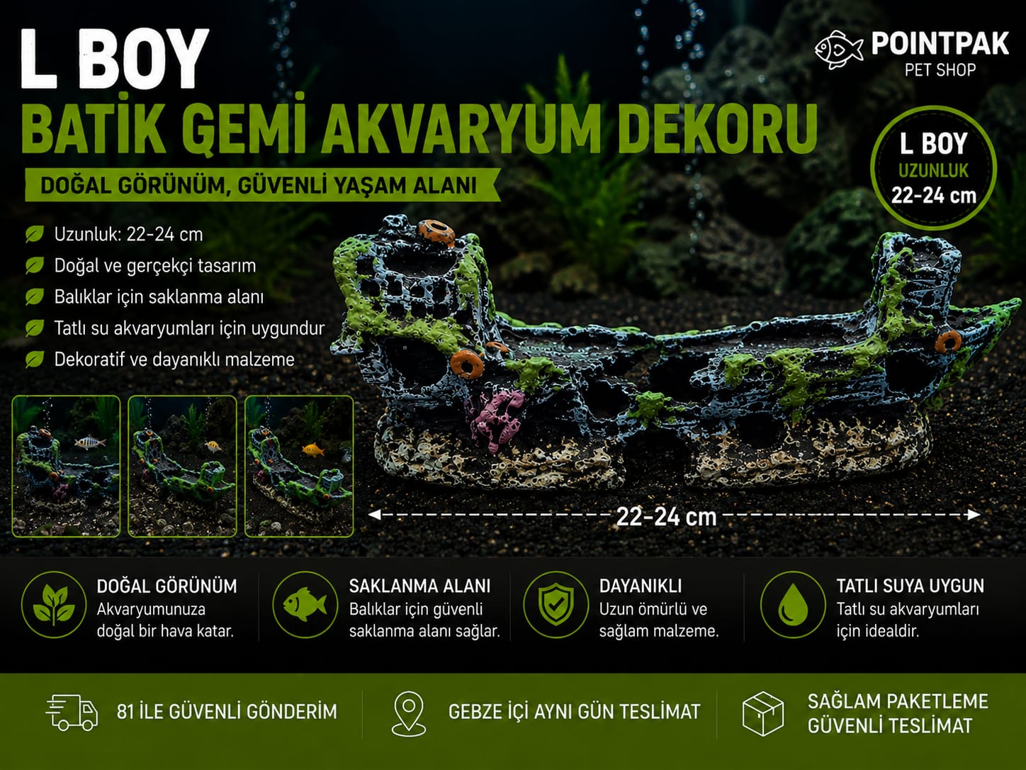 L Boy Batık Gemi Akvaryum Dekoru