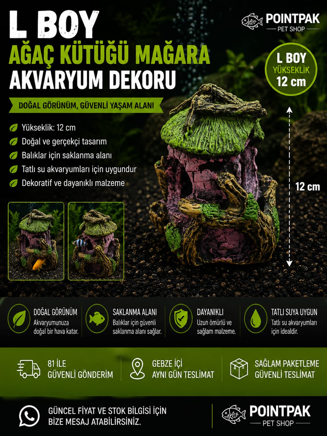 L Boy Ağaç Kütüğü Mağara Akvaryum Dekoru